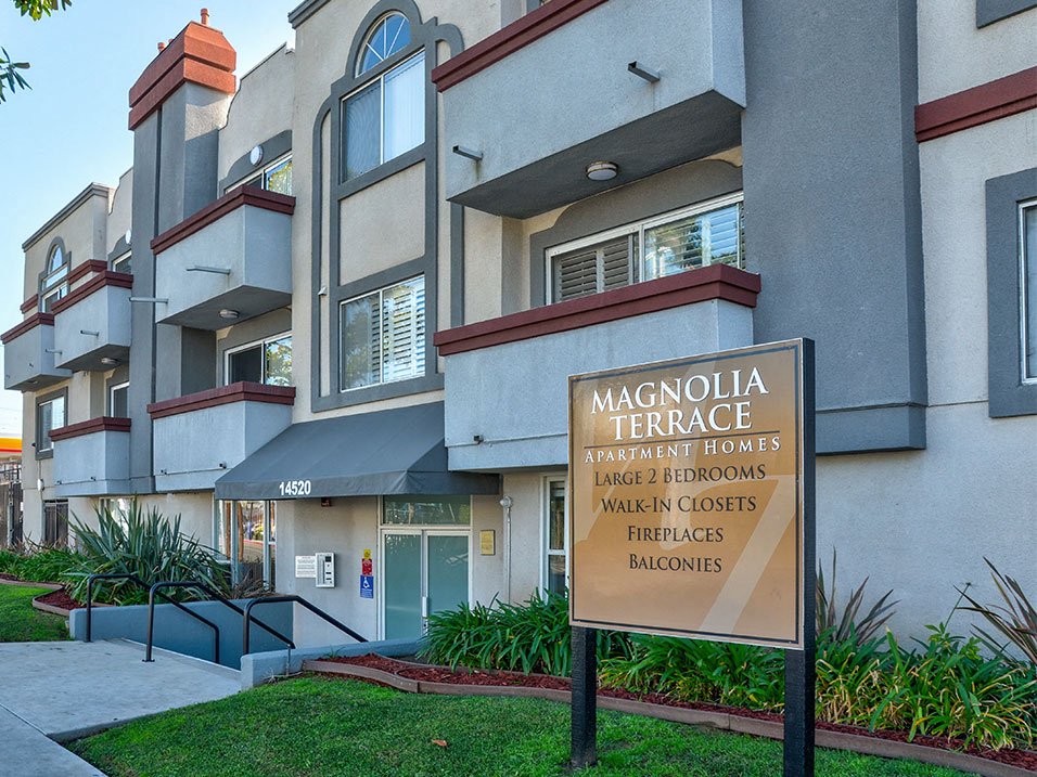 Entrance to Magnolia Terrace Apartments and lobby.