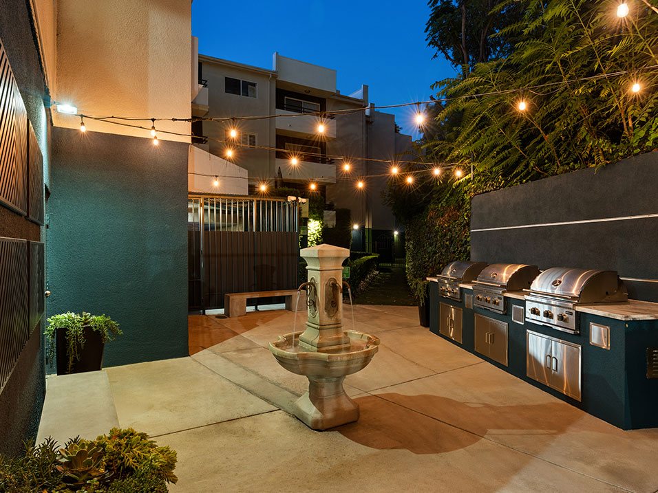 Barbeque area with fountain in rear courtyard.