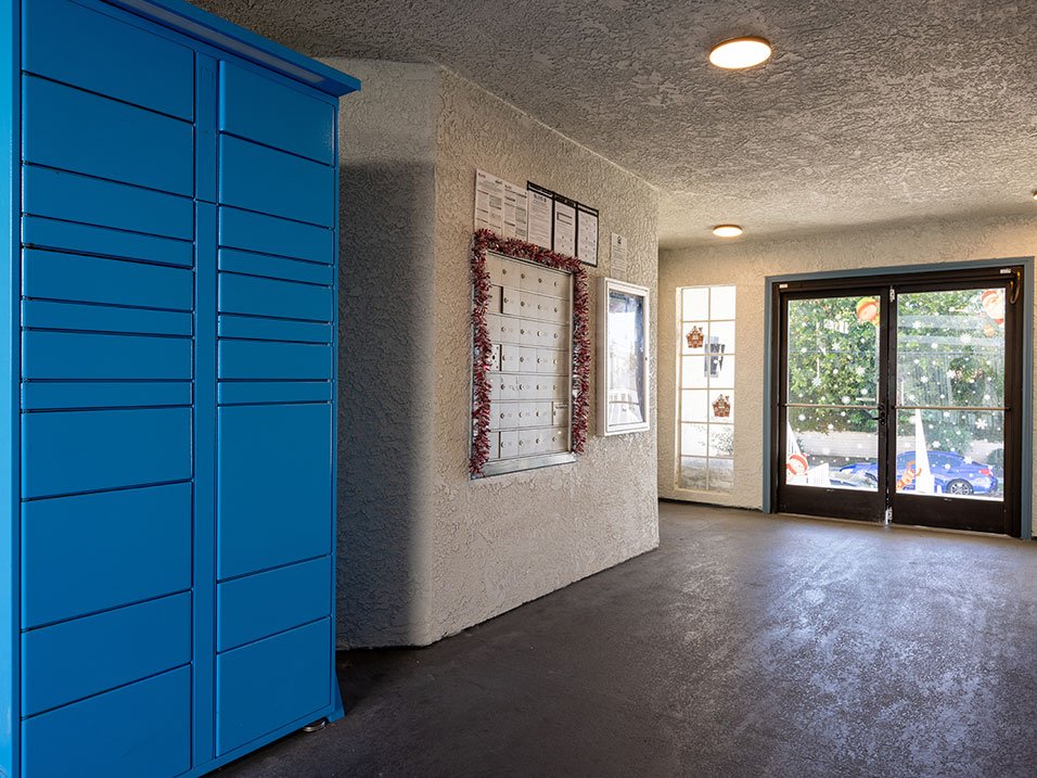 Amazon package lockers in the entrance foyer.