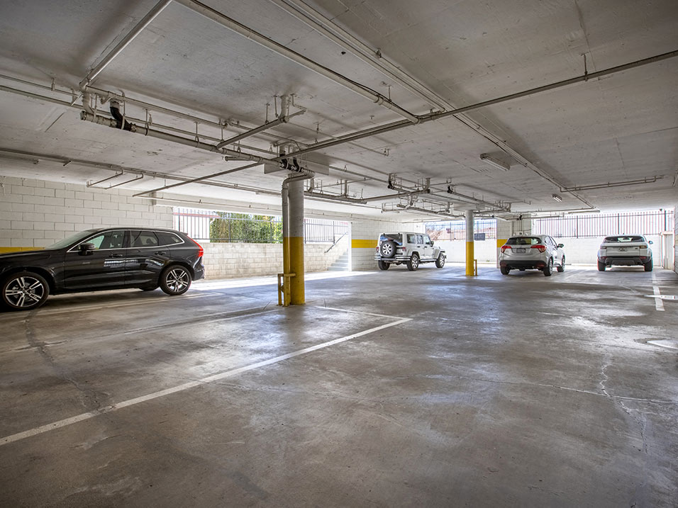 Spacious underground parking garage.