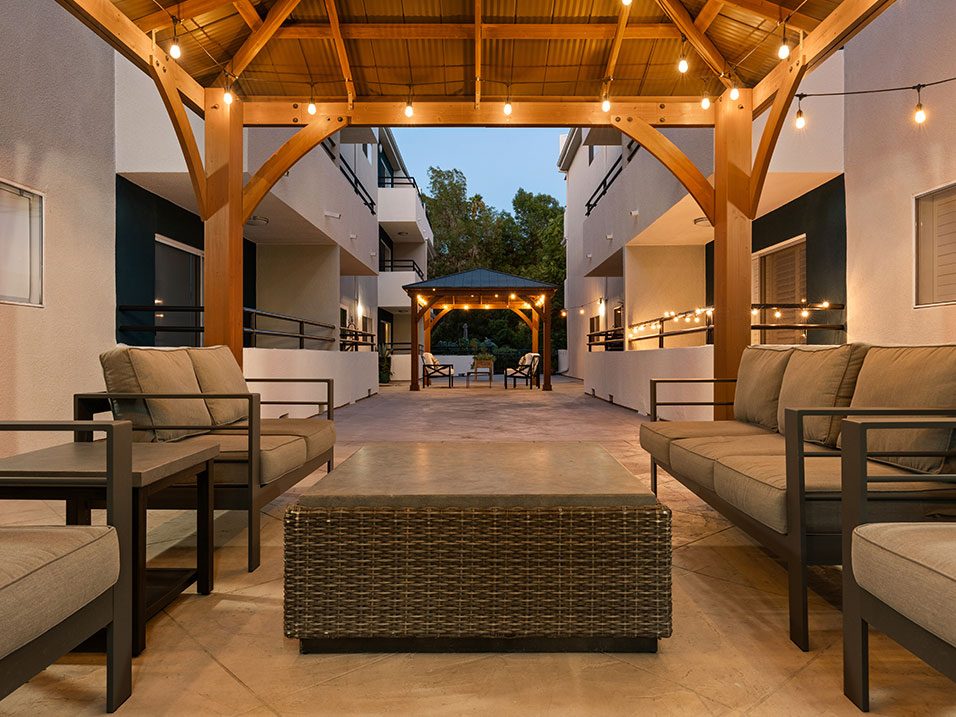 Community courtyard gazebos with seating.