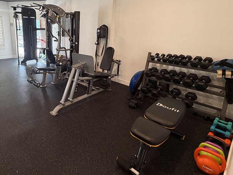 Fitness Center with Weight Machines and Free Weights.