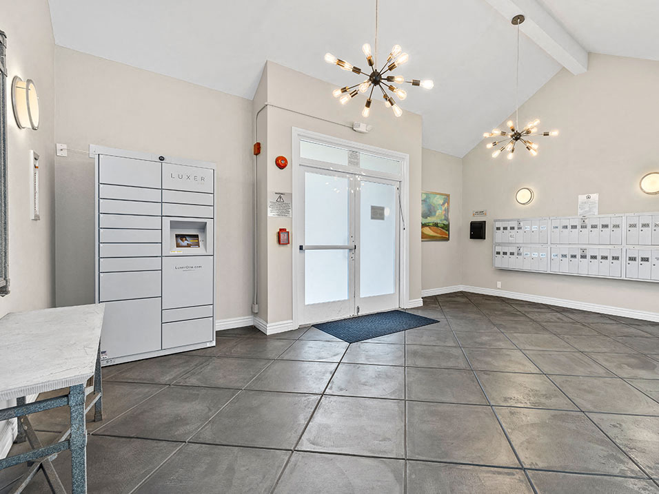Lobby with secure lockers for resident package delivery.