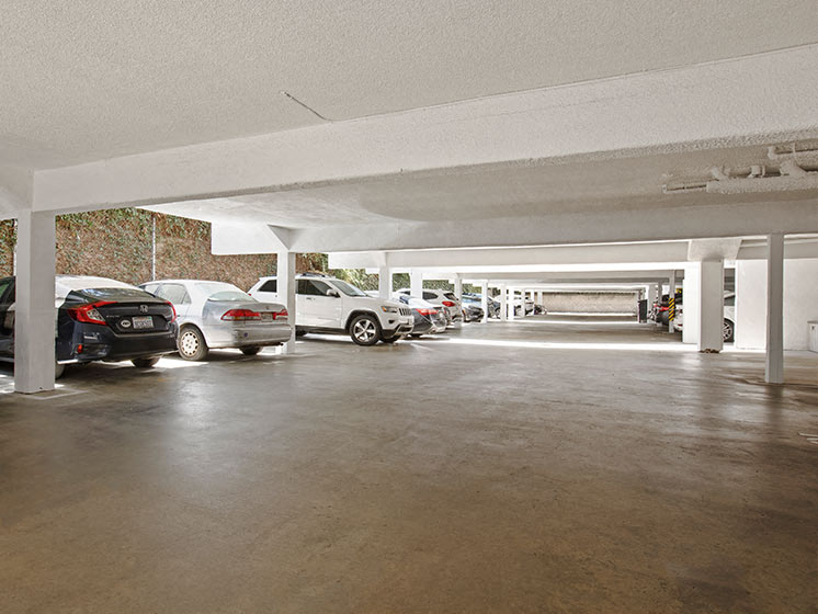Large covered parking lot at National Apartments.
