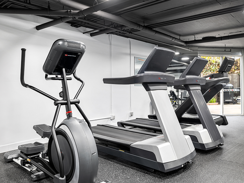 Fitness center including multiple treadmills, bikes, and ellipticals.