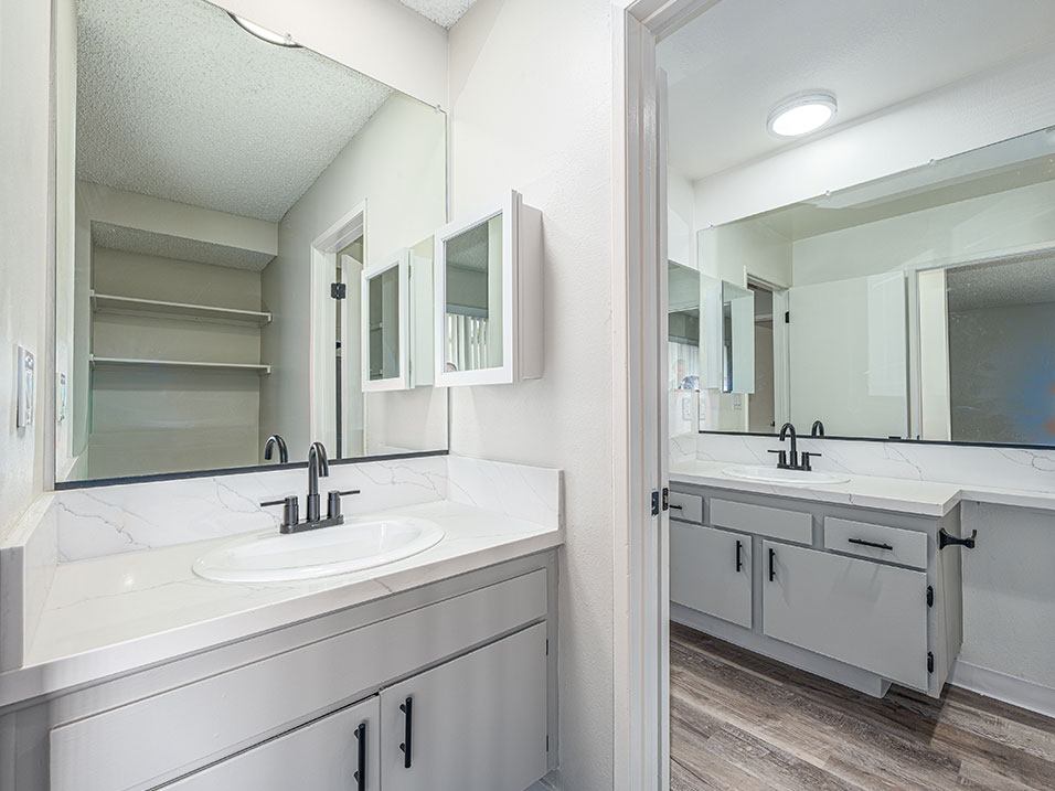 Modern styled bathroom vanity  with view to full bathroom.
