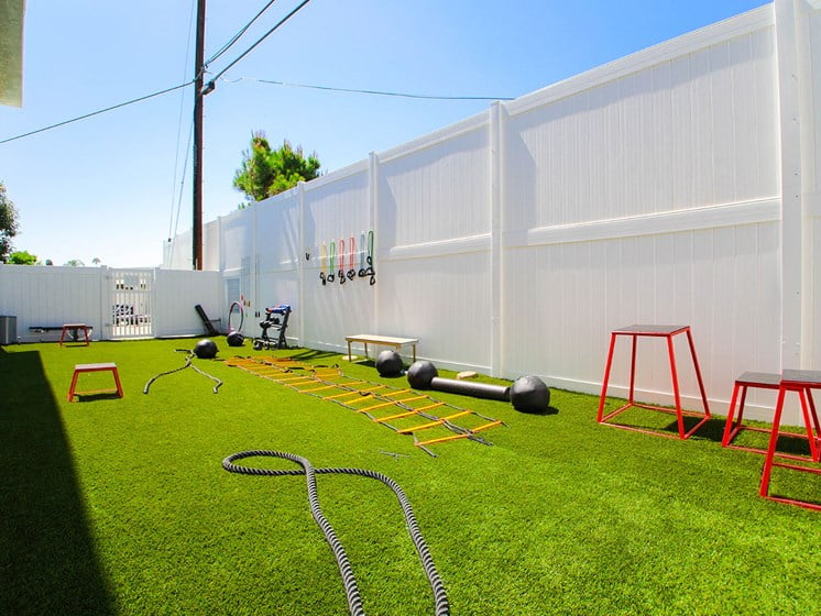 Outdoor fitness area with lifting benches.