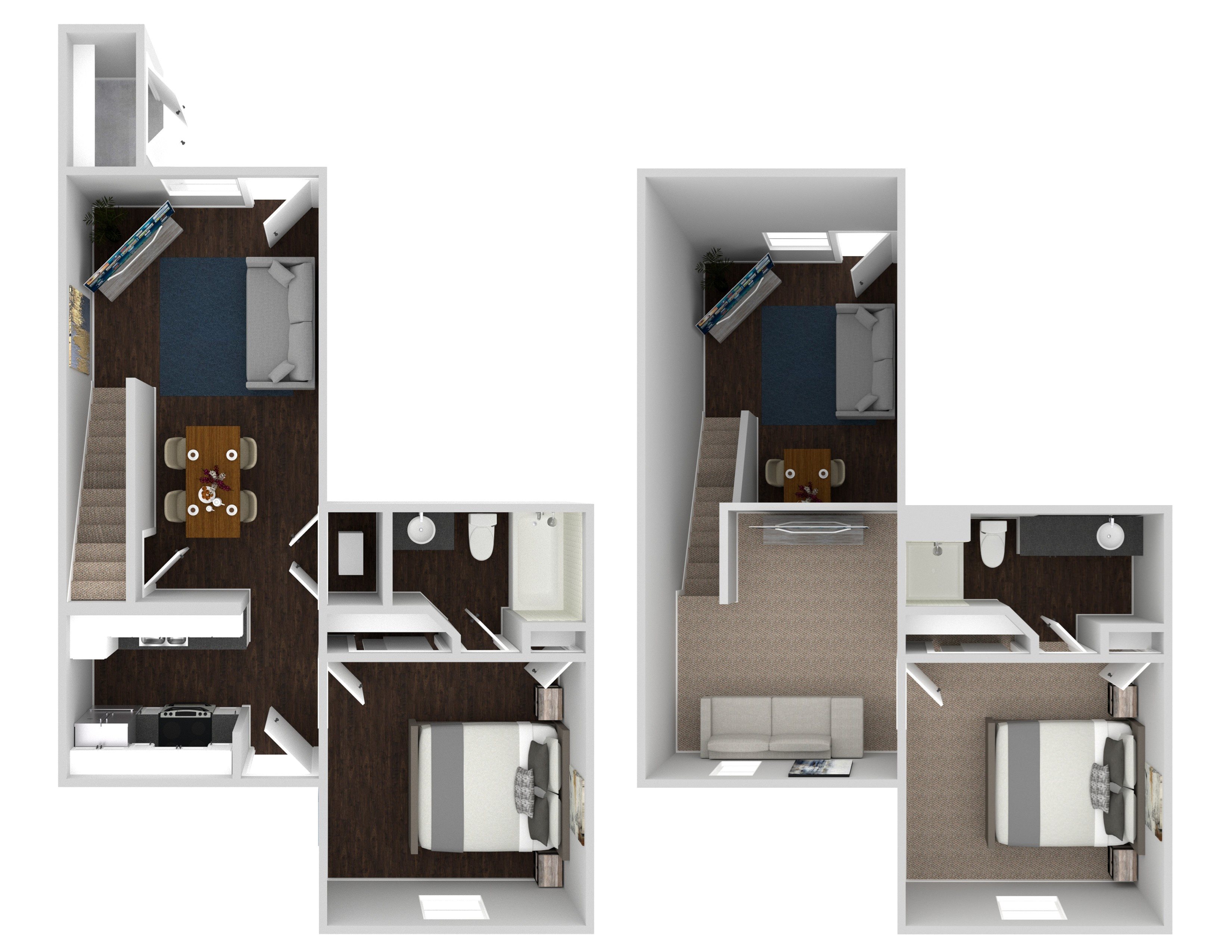 A series of three images showing different layouts of a small apartment.