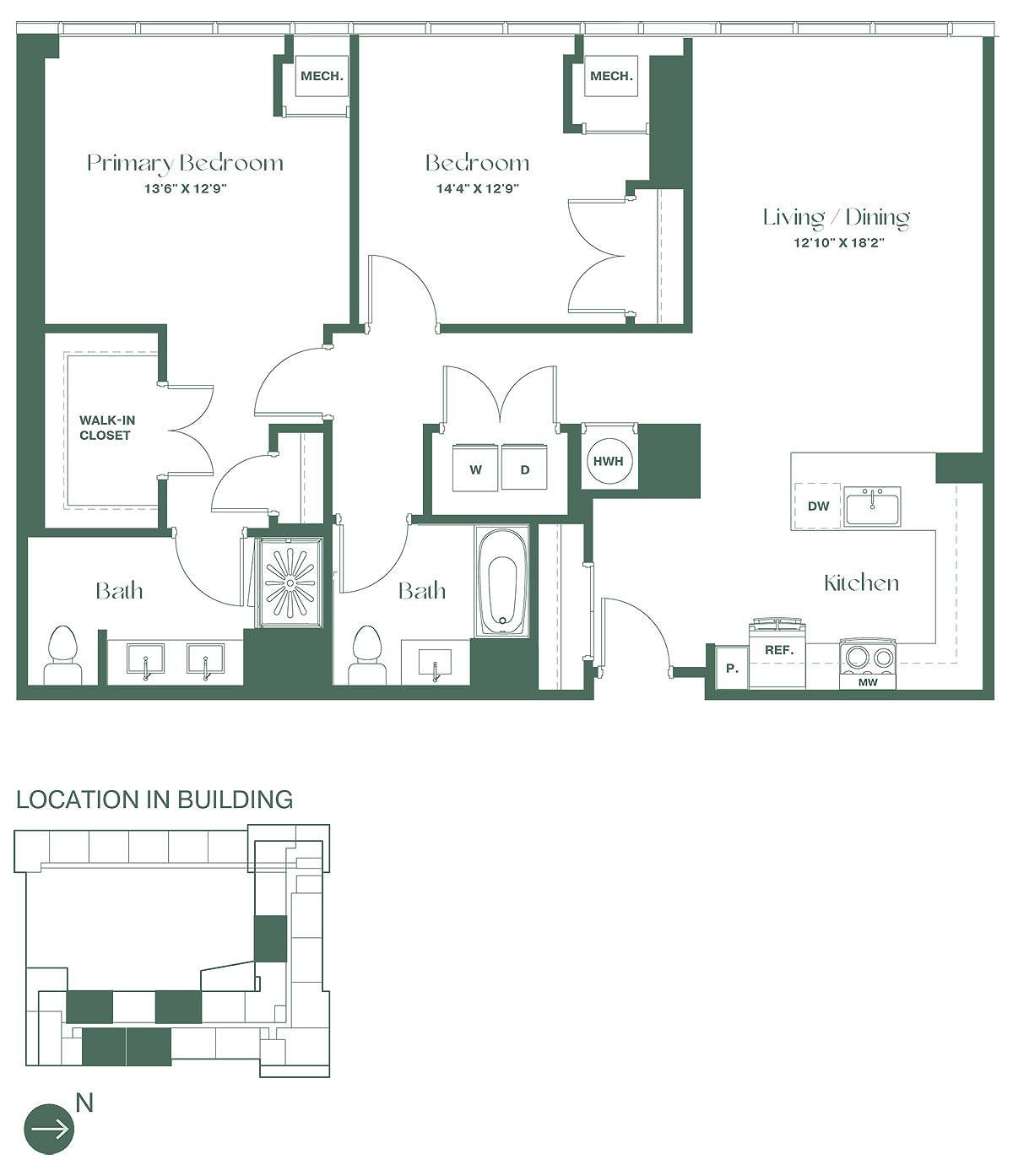 Floorplan for a two-bedroom, two-bath apartment at RVR at Xchange opens into a fully equipped kitchen w/ dishwasher and pantry. Continuing into the apartment there is a spacious living and dining room area, two bedrooms and 2 full bathrooms.