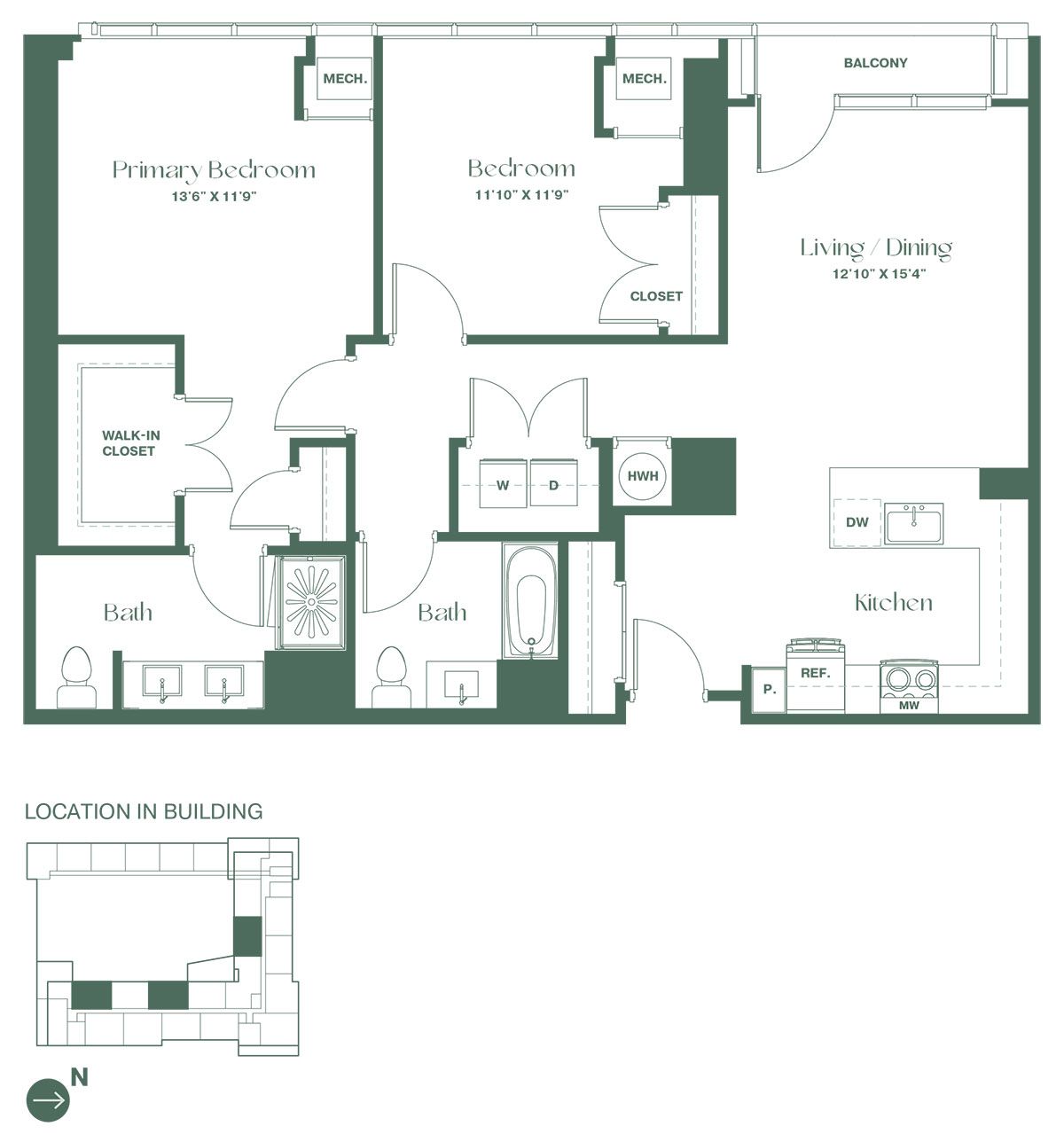 Floorplan for a two-bedroom, two-bathroom apartment at RVR at Xchange opens into a fully equipped kitchen w/ dishwasher and pantry. Continuing into the apartment there is a spacious living and dining room area, two bedrooms and 2 full bathrooms.