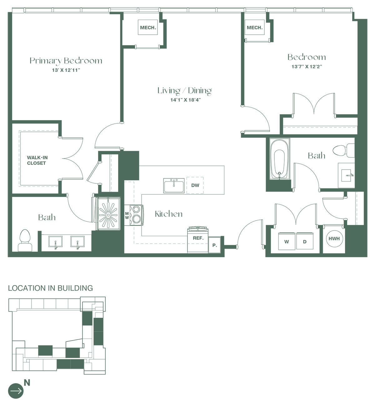 Floorplan for a two-bedroom, two-bathroom apartment at RVR at Xchange opens into a fully equipped kitchen including dishwasher and pantry. Continuing into the apartment there is a spacious living and dining room area, two bedrooms and 2 full bathrooms.