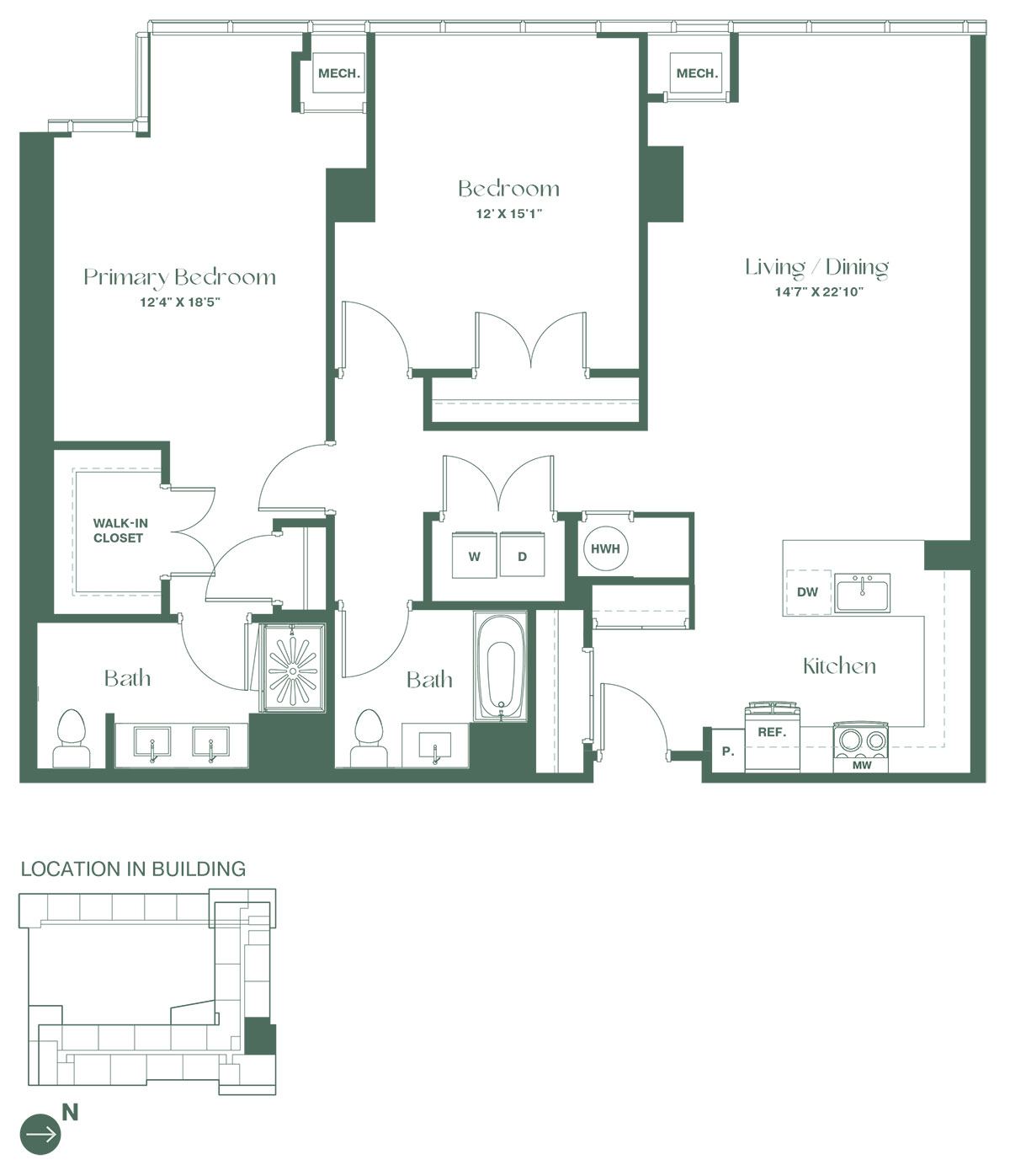 Floorplan for a two-bedroom, two-bathroom apartment at RVR at Xchange opens into a fully equipped kitchen including dishwasher and pantry. Continuing into the apartment there is a spacious living and dining room area, two bedrooms and 2 full bathrooms.