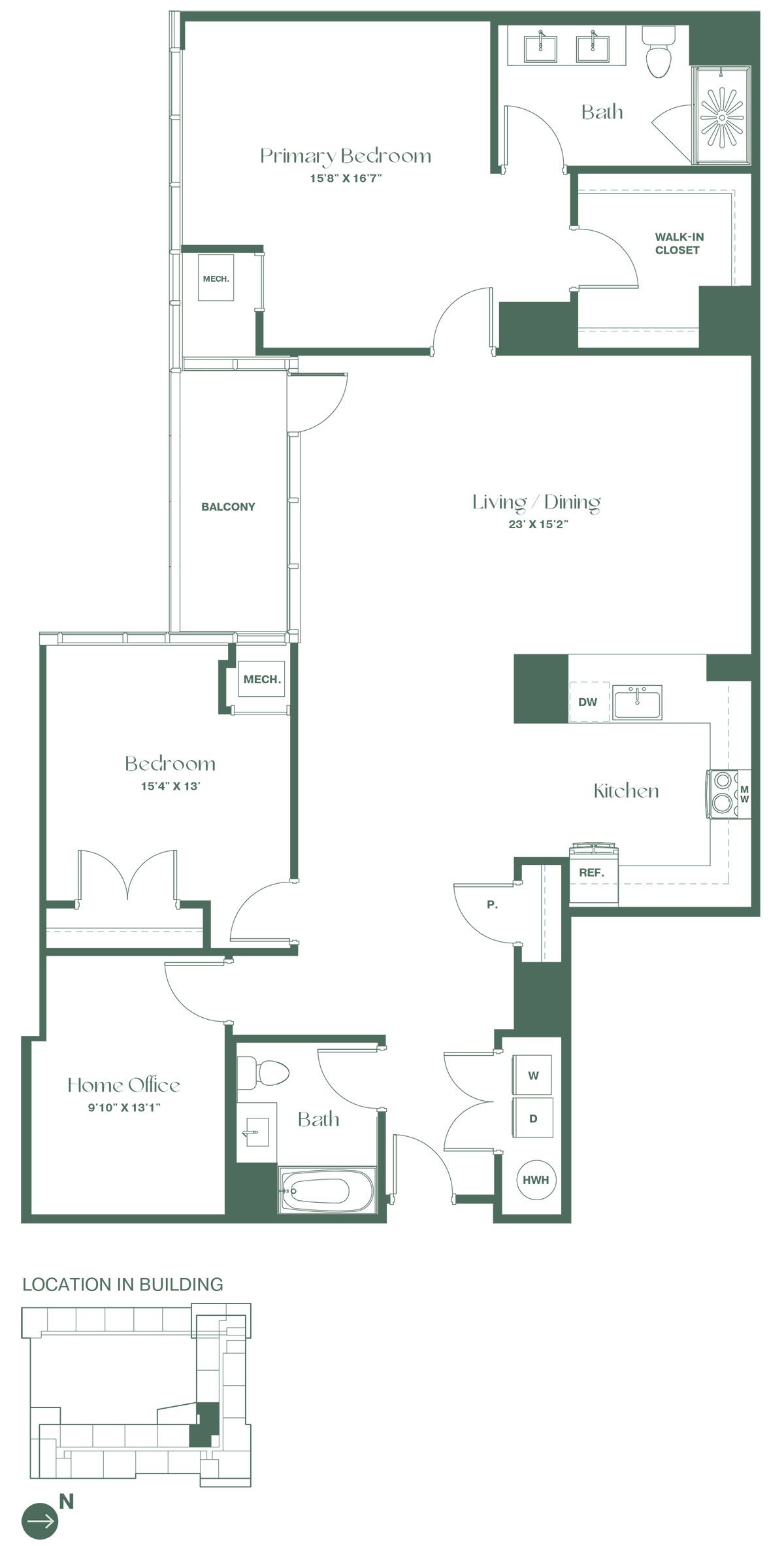 This floorplan for a two-bedroom, two-bathroom apartment at RVR at Xchange opens into a hallway; leading to a full bathroom and a bedroom. Continuing into the apartment is a fully equipped kitchen with a dishwasher and a pantry, a second bedroom and full bathroom, a spacious living and dining room ad a balcony.
