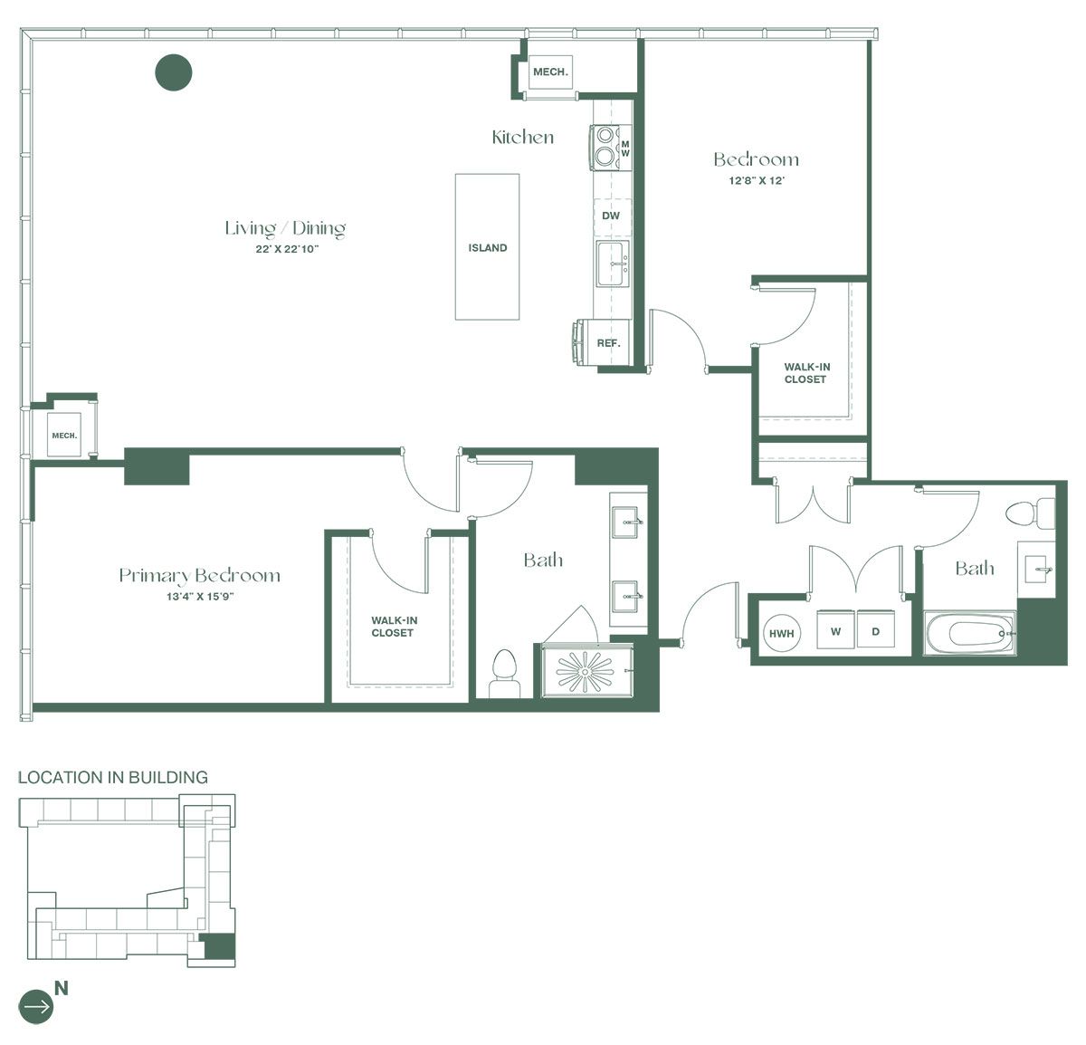 This floorplan for a two-bedroom, two-bathroom apartment at RVR at Xchange opens into a hallway, leading to a full bathroom and a bedroom. Continue on to the open kitchen with a dishwasher and kitchen island. Past the kitchen is a spacious living and dining room area and the entrance to the primary bedroom suite with a large walk-in closet, and full bathroom with double sinks.