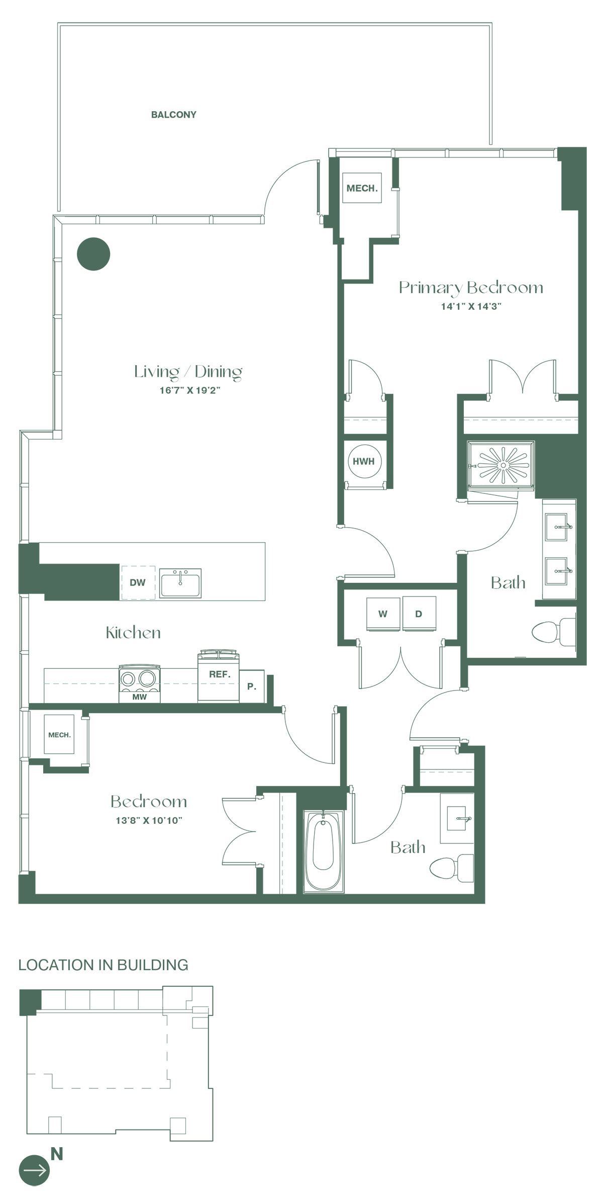 This floorplan for a two-bedroom, two-bathroom apartment at RVR at Xchange shows an entrance hallway, leading to a full bathroom and a bedroom. Continue on to the open kitchen with a dishwasher and kitchen island. Past the kitchen is a spacious living and dining room area with an expansive balcony, the entrance to the primary bedroom suite with full bathroom.