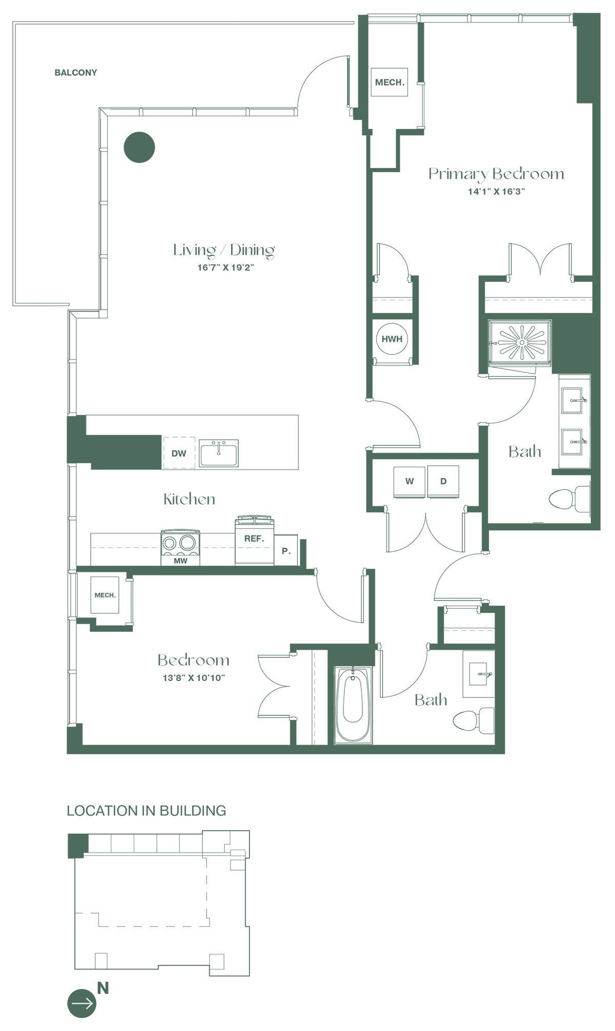 This floorplan for a two-bedroom, two-bathroom apartment at RVR at Xchange shows an entrance hallway, leading to a full bathroom and a bedroom. Continue on to the open kitchen with a dishwasher and kitchen island. Past the kitchen is a spacious living and dining room area with an expansive wrap around balcony, the entrance to the primary bedroom suite with full bathroom.