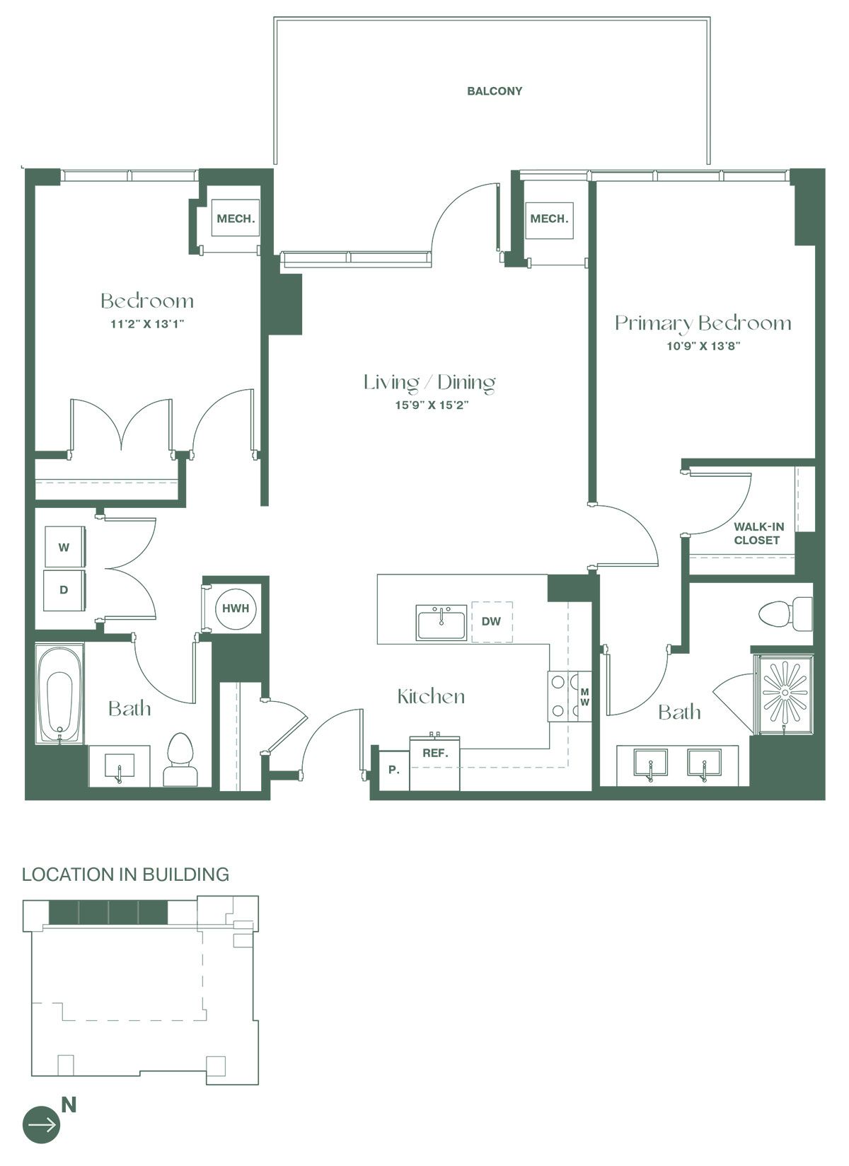 This floorplan for a two-bedroom, two-bathroom apartment at RVR at Xchange opens into a fully equipped kitchen with a dishwasher and pantry. Past the kitchen is a living and dining area with a spacious balcony, a full bathroom, and a bedroom with a closet. To the right is the entrance to the primary bedroom suite, with a full bathroom with double sinks.