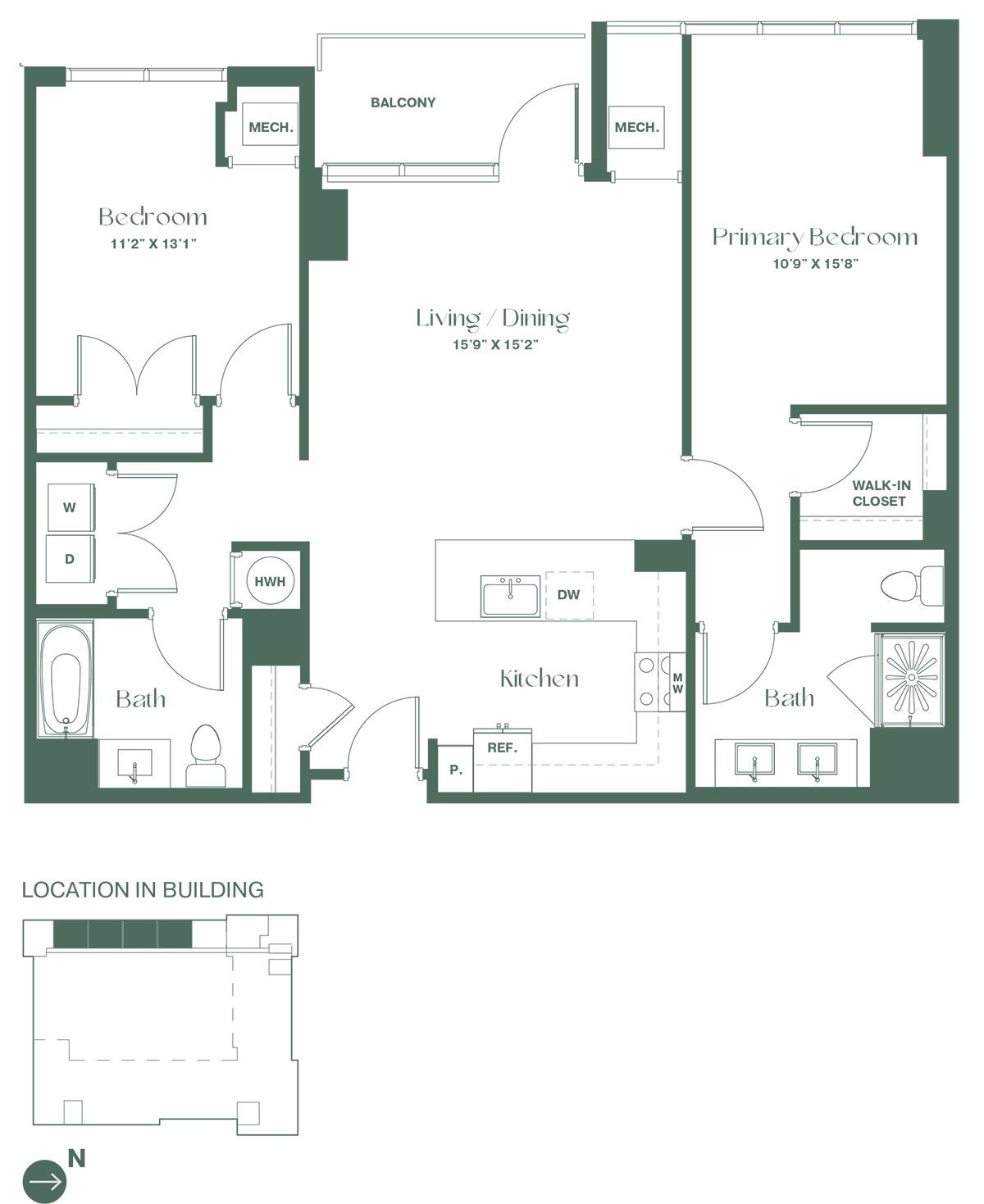 This floorplan for a two-bedroom, two-bathroom apartment at RVR at Xchange opens into a fully equipped kitchen with a dishwasher and pantry. Past the kitchen is a living and dining area with a balcony, the living and dining room, a full bathroom and a bedroom. To the right of the living and dining room is the entrance to the primary bedroom suite, with a large walk-in closet, and a full bathroom.