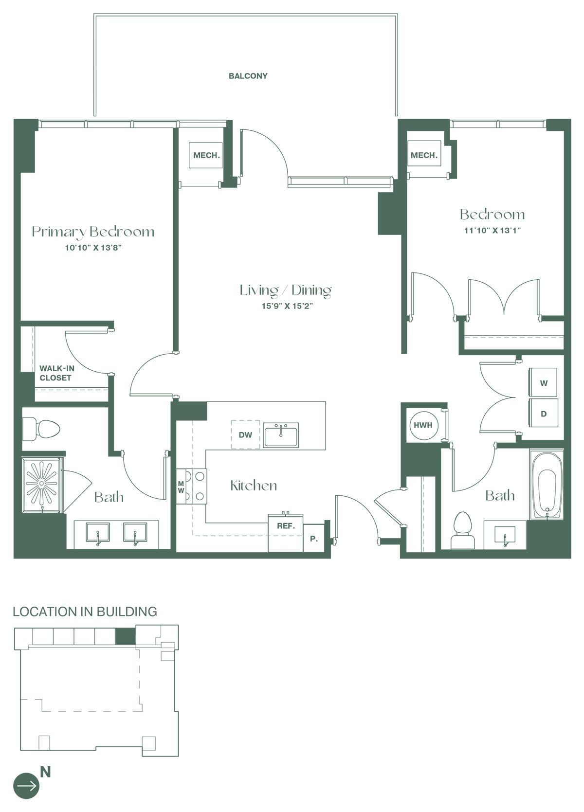 This floorplan for a two bedroom, two bathroom apartment at RVR at Xchange opens up into a fully equipped kitchen with a dishwasher and pantry. Past the kitchen is a living and dining area with a spacious balcony, the living and dining room and a bedroom with a closet. To the left of is the entrance to the primary bedroom suite, with a large walk-in closet and a full bathroom.