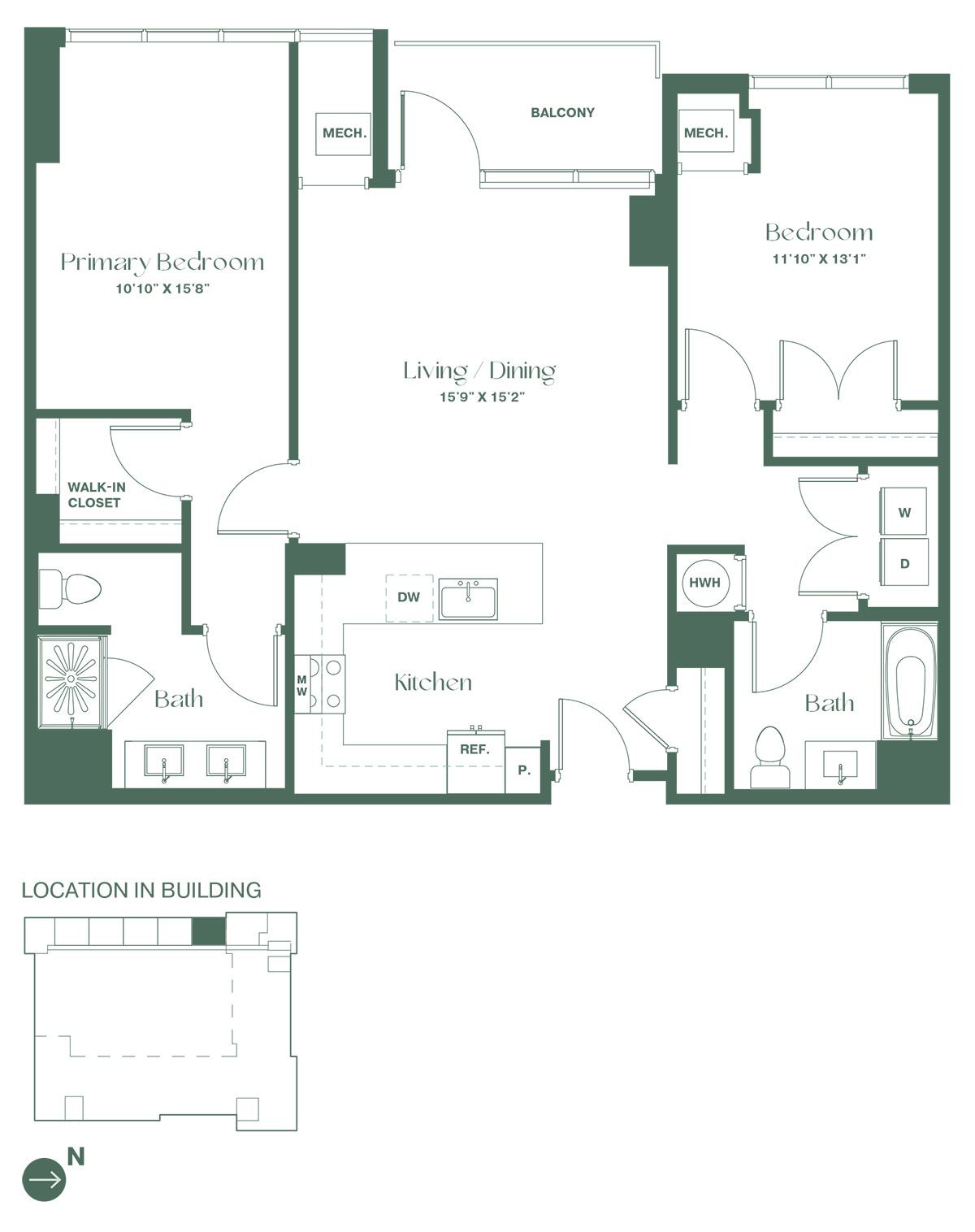 This floorplan for a two-bedroom, two-bathroom apartment at RVR at Xchange opens into a fully equipped kitchen with a dishwasher and pantry. Past the kitchen is a living and dining area with a balcony, the living and dining room, full bathroom and a bedroom with a closet. To the left is the entrance to the primary bedroom suite, with a large walk-in closet, and a full bathroom.