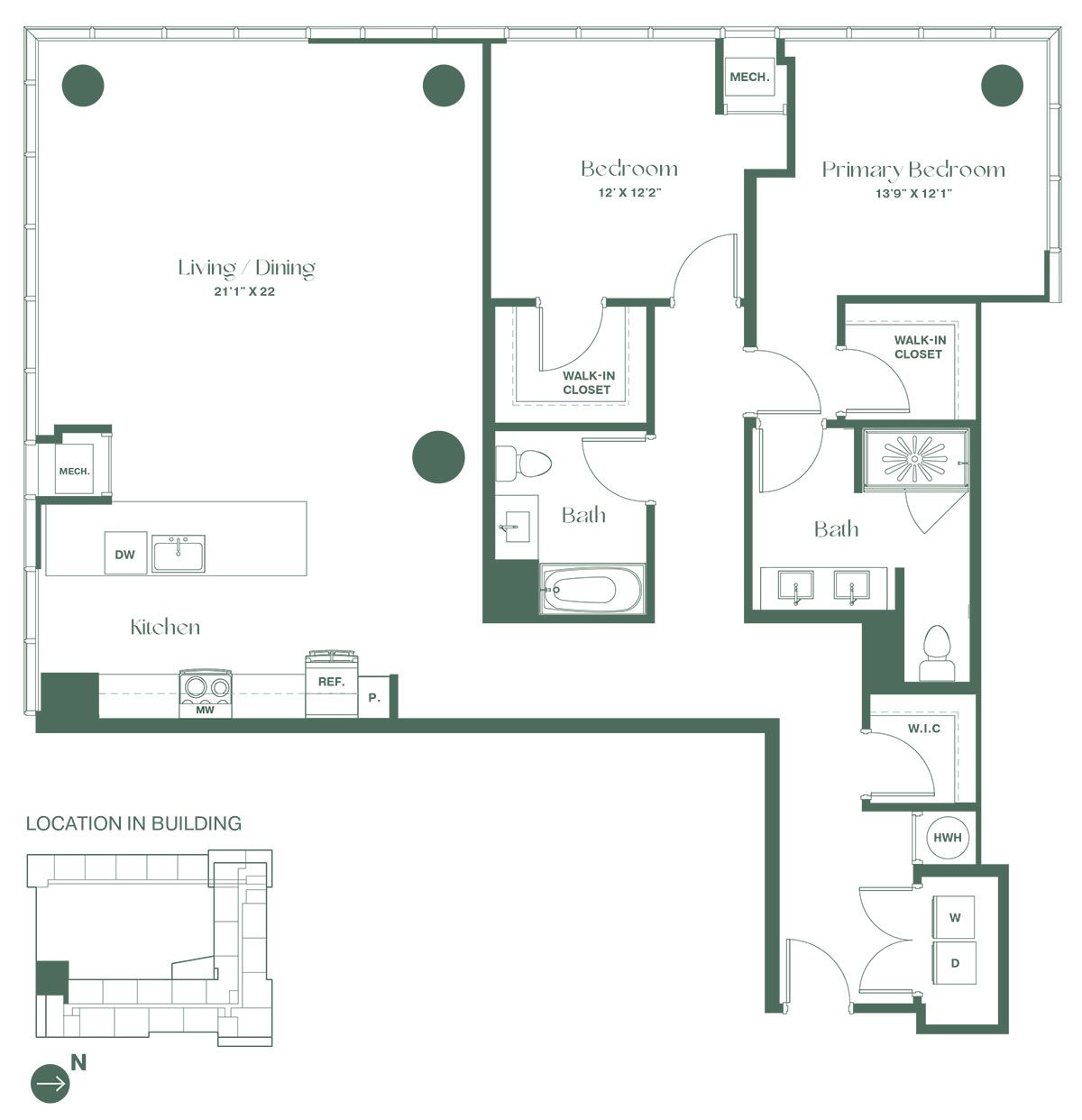 This floorplan for a two-bedroom, two-bathroom apartment at RVR at Xchange begins with an entry leading to a fully equipped kitchen including a dishwasher and pantry and a spacious living and dining room area. Continuing straight down the hallway there is a full bathroom on the left with a large walk-in closet, entrance to the primary bedroom featuring a walk-in closet, and a full bathroom.