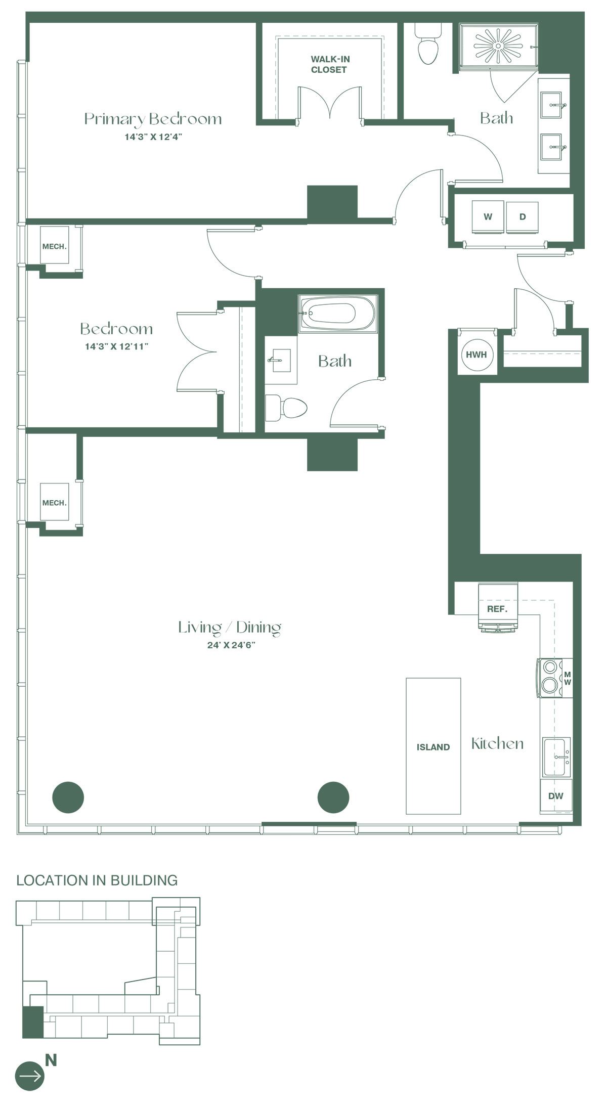 This floorplan for a two bedroom, two bathroom apartment at RVR at Xchange shows an entry hallway leading to a full bathroom, and a bedroom with a closet. To the left is a spacious living and dining area, a fully equipped open kitchen with a dishwasher and a kitchen island. To the right of the entryway is the entrance to the primary bedroom, containing a large walk-in closet and a full bathroom.