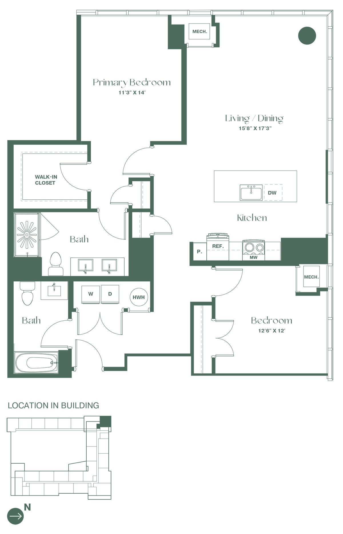 Floorplan for a two bedroom, two bathroom apartment at RVR at Xchange shows a hallway leading to a full bathroom and a bedroom. As you continue into the apartment it opens to a fully equipped kitchen with a dishwasher and a pantry and a spacious living and dining room area. To the left is the entrance to the primary bedroom suite, featuring a walk-in closet and full bathroom.