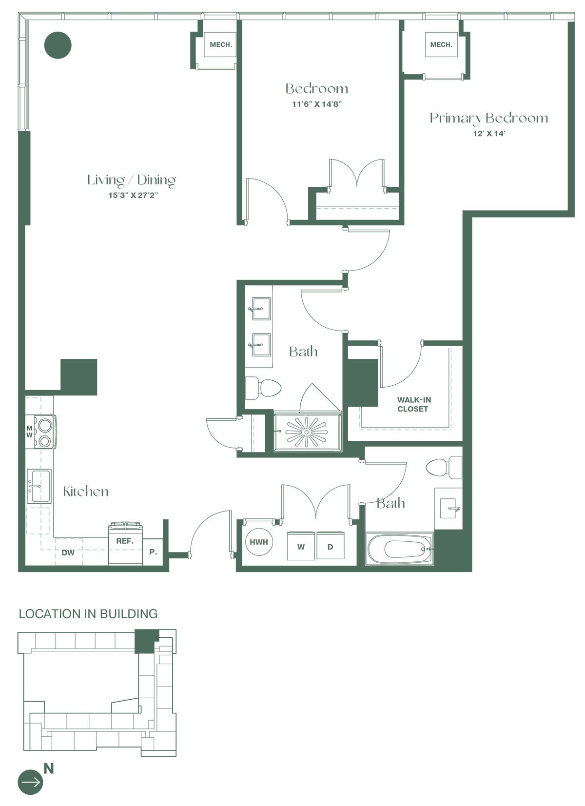 This floorplan for a two bedroom, two bathroom apartment with a den at RVR at Xchange starts with an hallway leading to a den and a full bathroom. Continuing into the apartment you will find a living and dining room area, a fully equipped kitchen with a pantry and dishwasher. To the right is a bedroom and the entrance to the primary bedroom containing a large walk-in closet and full bathroom.
