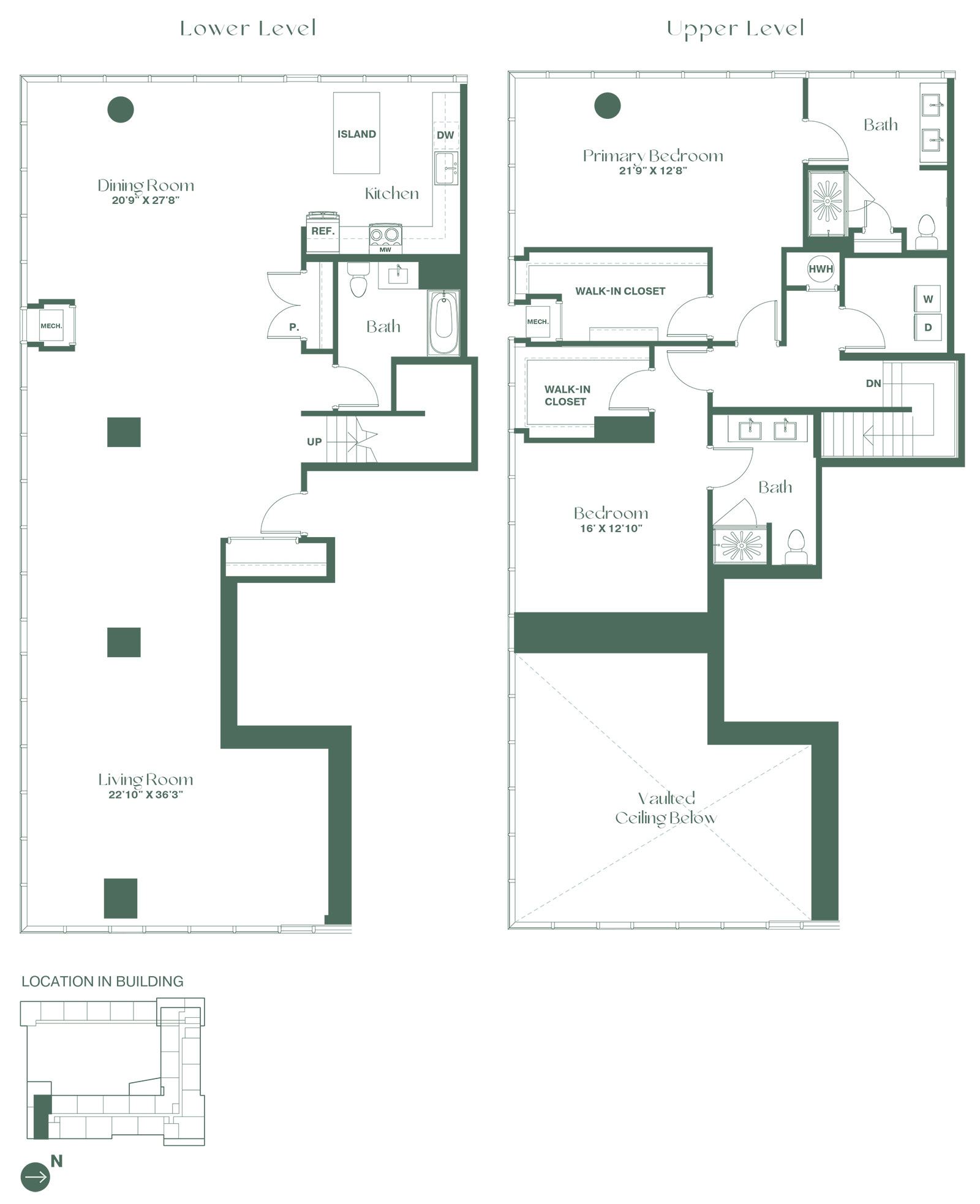 Floorplan for a two bedroom, three bathroom apartment at RVR at Xchange has a spacious first floor with a living, dining room, fully equipped kitchen with pantry. There is a full bathroom next to the steps that lead up to the second floor. On the second floor is a laundry, a bedroom which with a walk-in closet and full bathroom, a primary bedroom with a walk-in closet and a full bathroom.