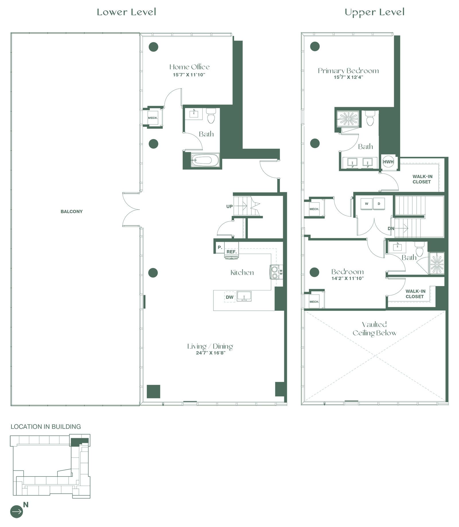 Floorplan for a two-bedroom, three-bath apartment with den at RVR at Xchange opens with a balcony that runs the length of the apartment, full bath and den. The second floor features a living and dining room with a fully equipped kitchen. On the second floor you will find a bedroom with walk-in closet, and full bathroom and the primary bedroom suite with a large walk-in closet and full bathroom.