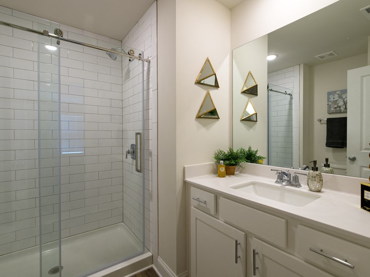 model bathroom with walk in shower at Brighton Townhomes, Acworth