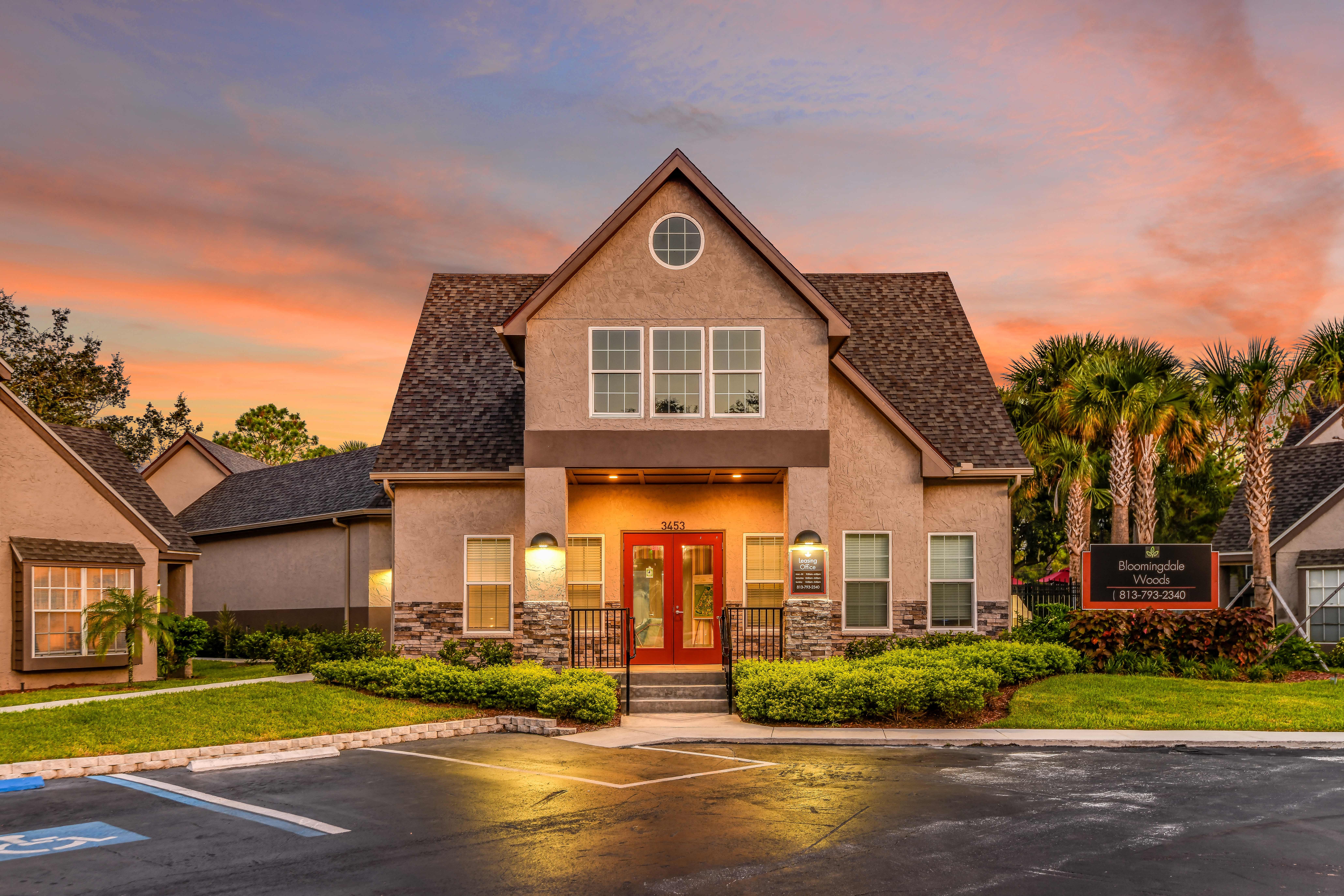 Bloomingdale Woods Apartments Valrico Florida Clubhouse Exterior with Gorgeous Sunset in background Sunset