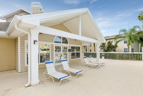 Hunters Glen Apartments Sarasota Florida Pool Deck with Chaise Lounges under Pergola