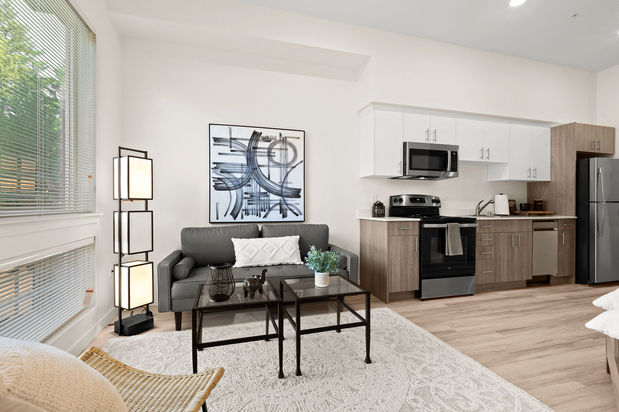 a living room with a couch and a table