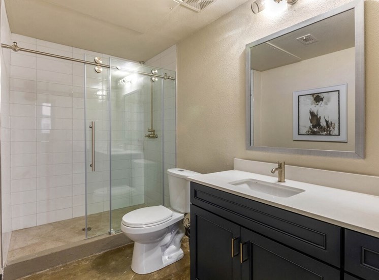 Bathroom with Glass Enclosed Walk In Shower, White Counters and Dark Cabinets