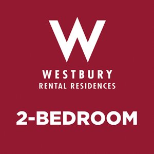 A red poster advertising Westbury Rental Residences and a 2-bedroom apartment.