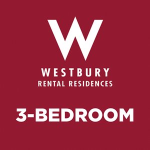A red poster advertising Westbury Rental Residences and a 3-bedroom apartment.