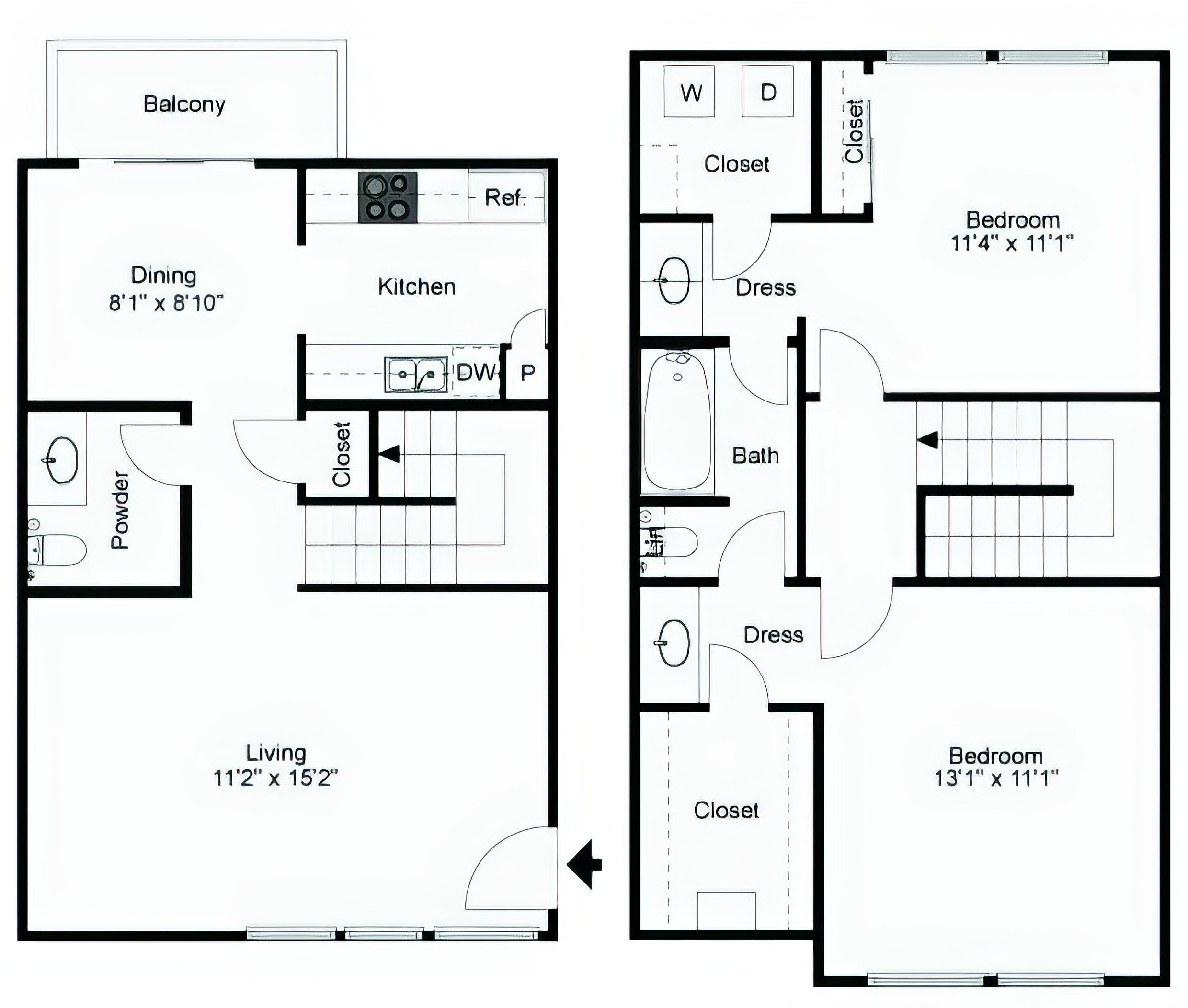 Floor plan layout diagram for 2x1.5 TH