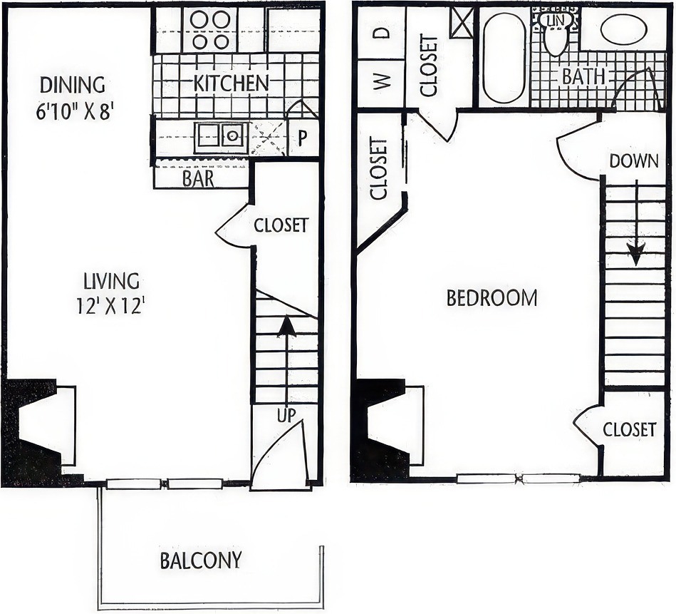 Floor plan layout diagram for 1X1 TH 2 FP
