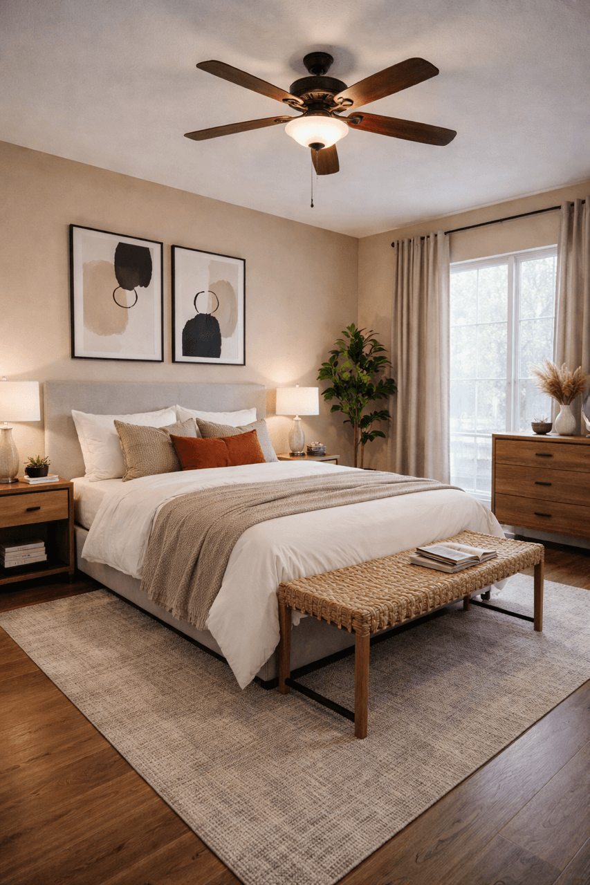 A bedroom with a bed, nightstands, and a ceiling fan.