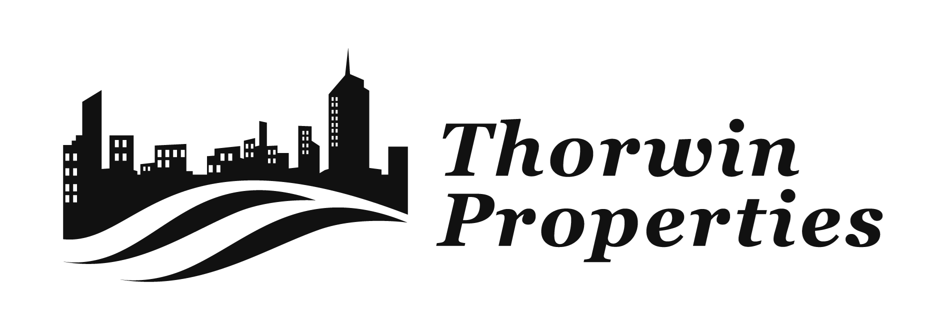 The image is a logo for Thorwin Properties, featuring a city skyline and waves.