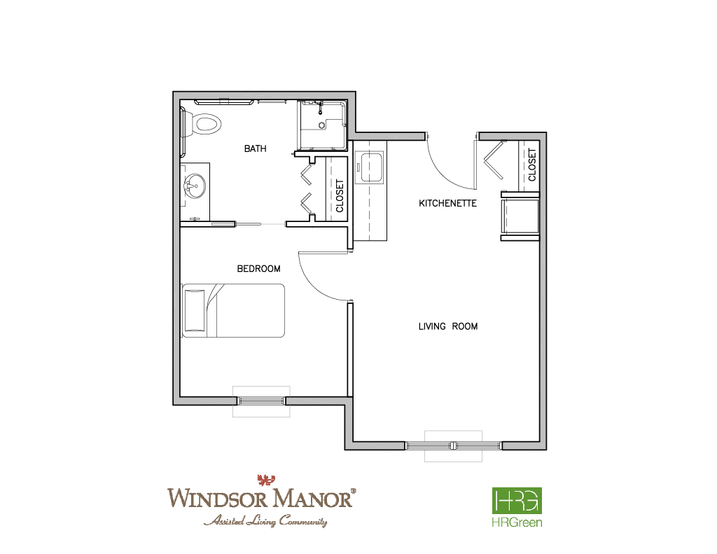 A floor plan of a Windsor Manor apartment with a living room, kitchenette, bedroom and bathroom.
