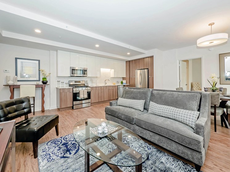 apt 603 living room with open galley kitchen, modern apartments Chicago, IL 60654