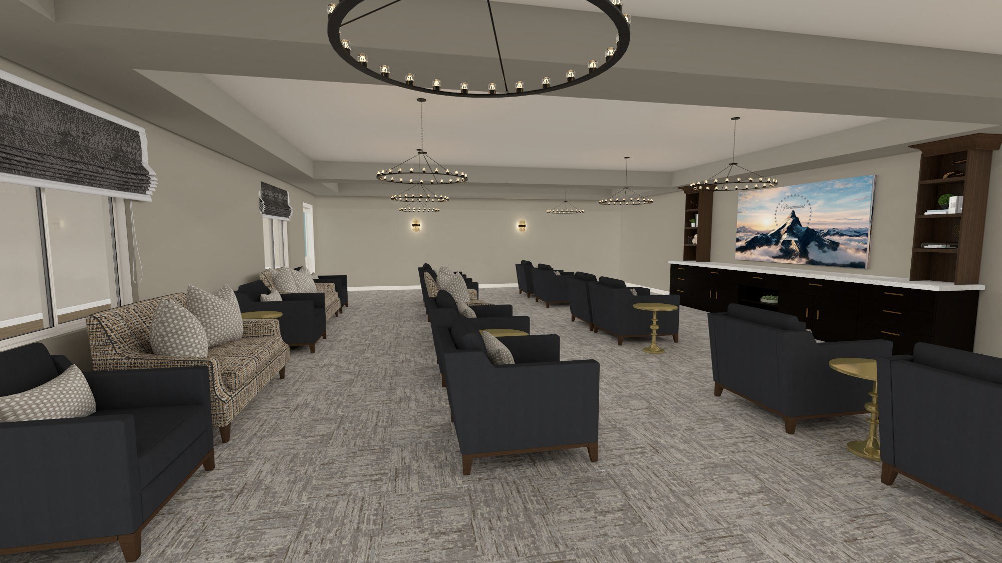 A rendering of the interior at the Avalon - chairs and Television