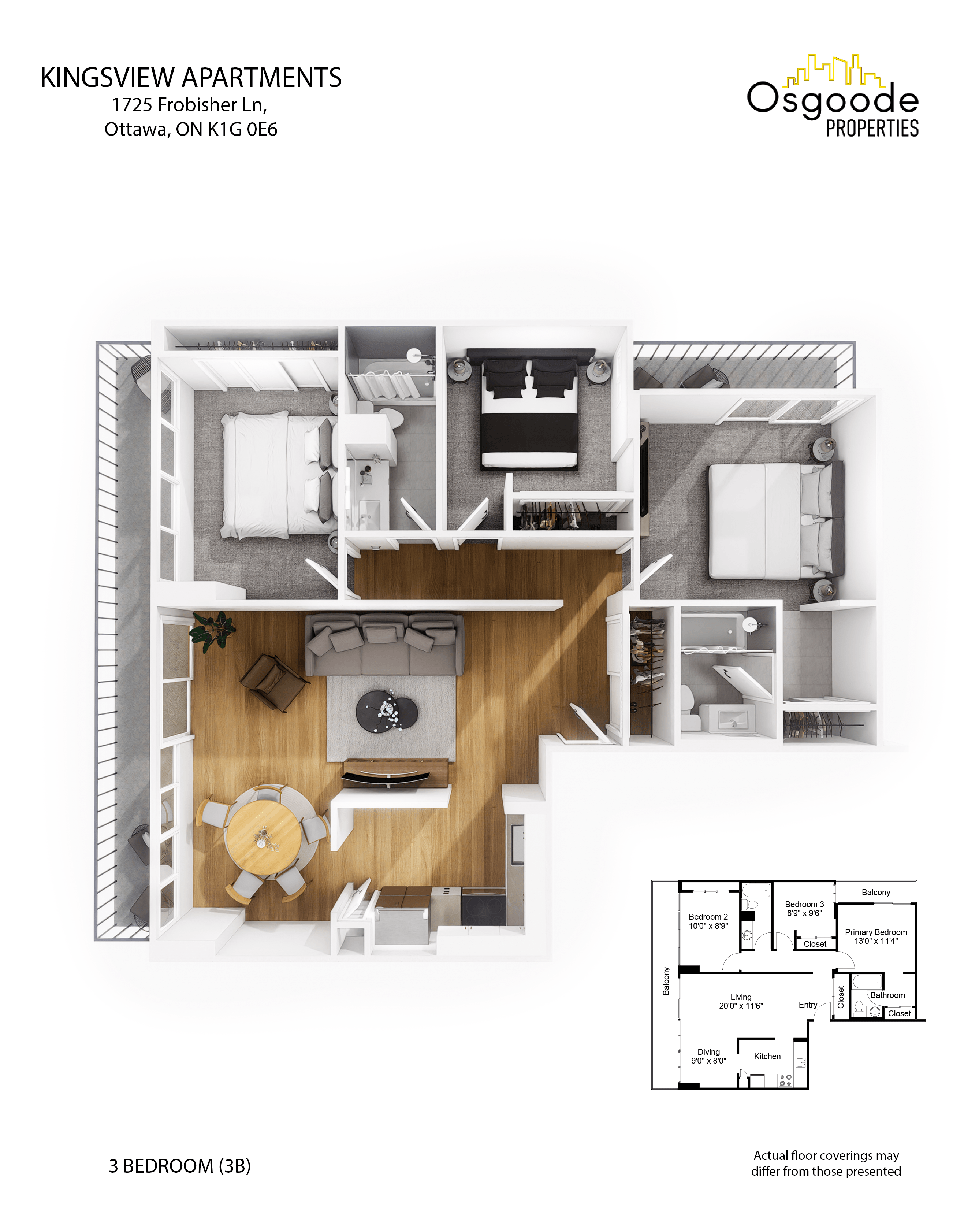 A floor plan for a 3 bedroom apartment.