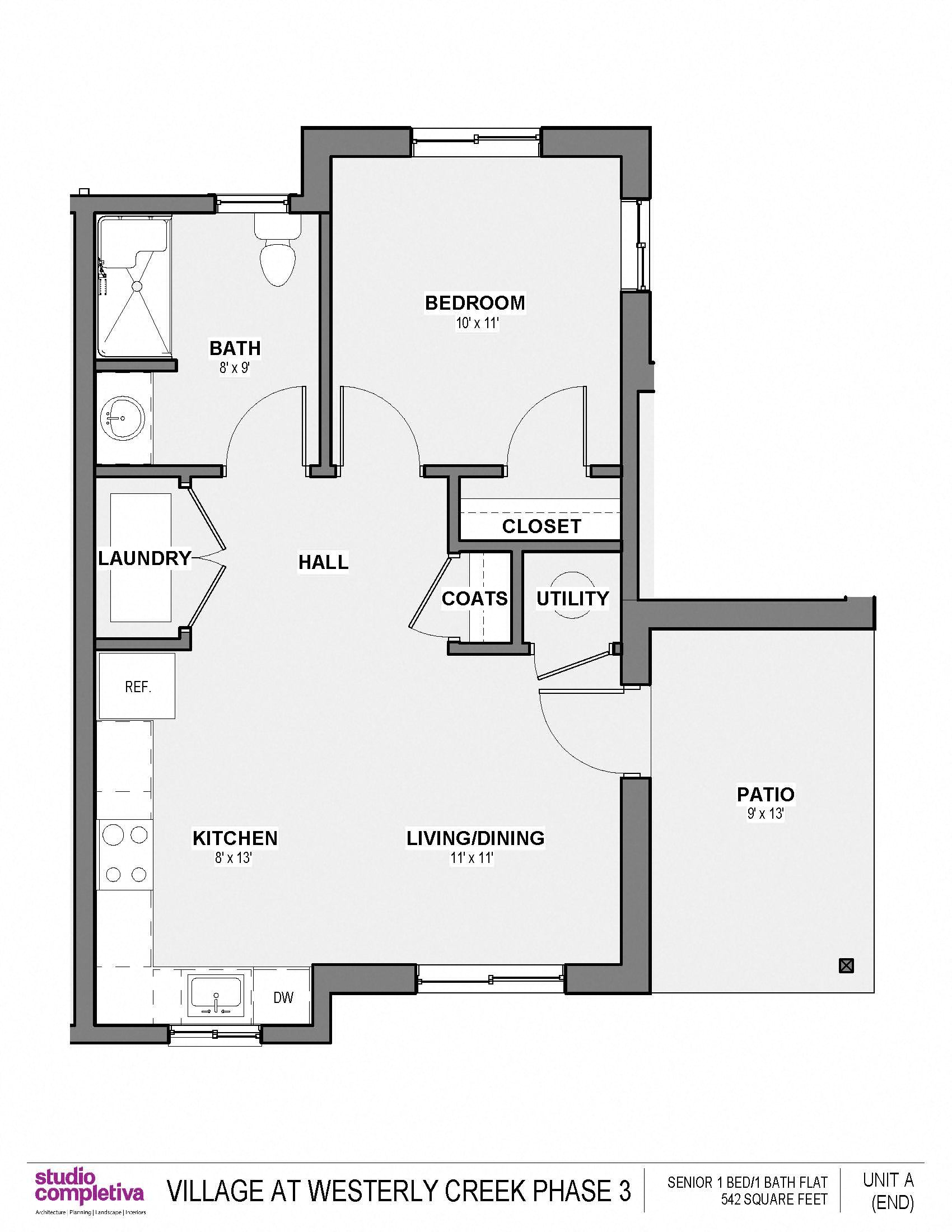 Floor plan for 1 bedroom/1 bathroom unit, 542 square feet