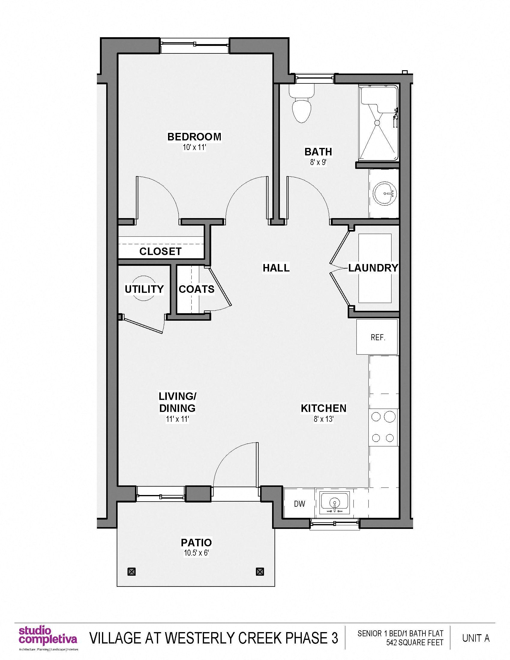 Floor plan for 1 bedroom/1 bathroom unit, 542 square feet