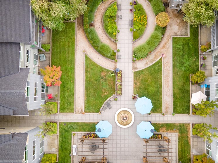 Drone View Of Courtyard at Cogir of Queen Anne, Seattle, WA