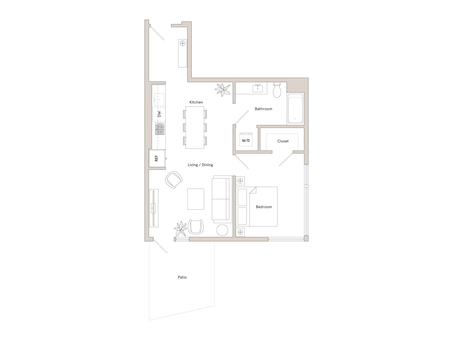 A floor plan of a house with a kitchen, living room, dining room, and two bedrooms.