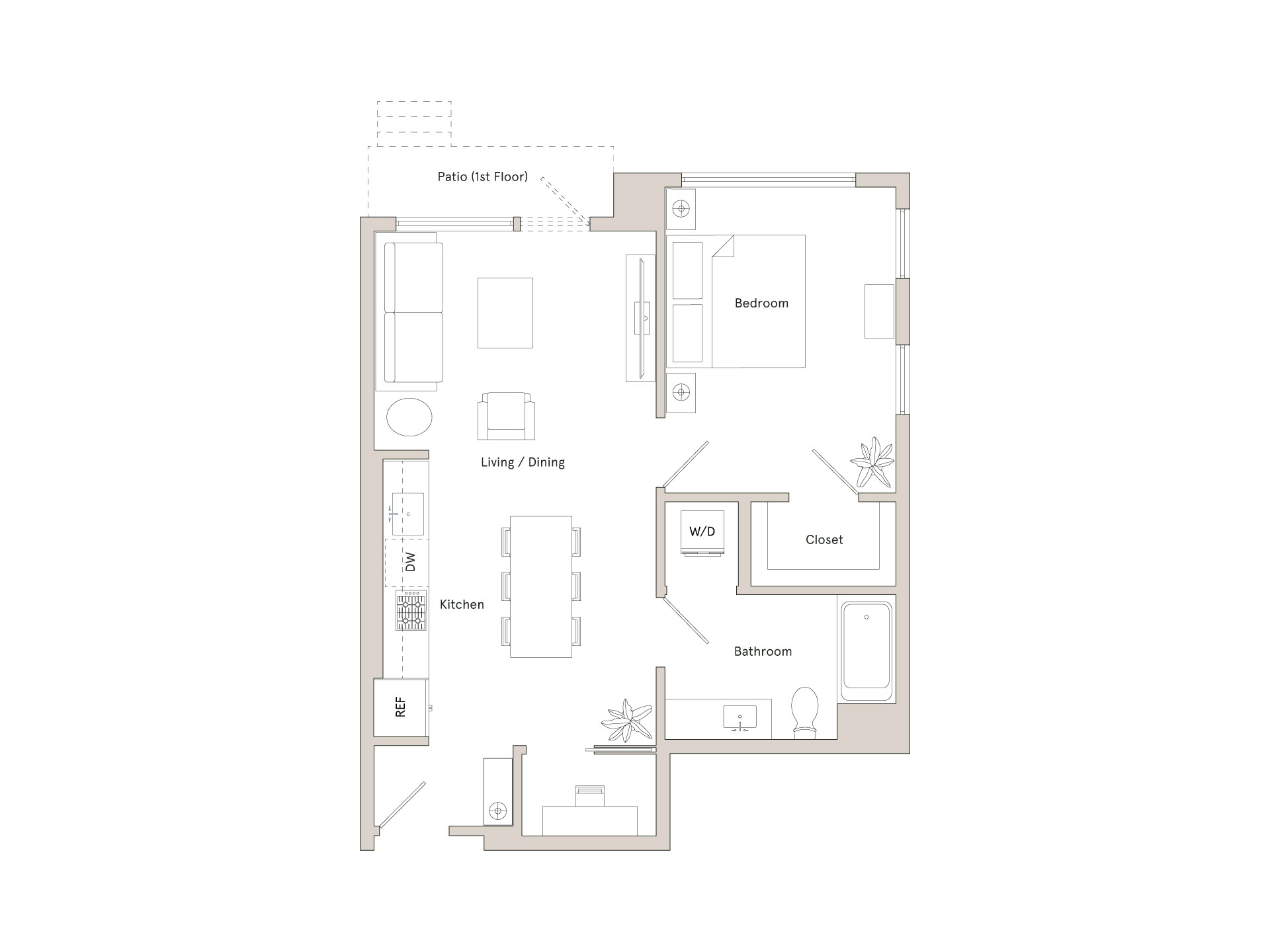 A floor plan of a house with a patio, living/dining area, kitchen, bathroom, bedroom, and closet.
